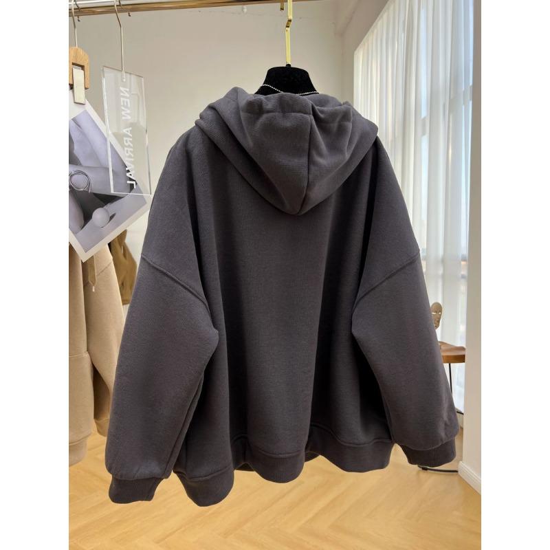 Fashion Solid Color Velvet Thickened Hooded Sweatshirt for Women Autumn and Winter Lazy Style Zipper Cardigan Versatile Jacket