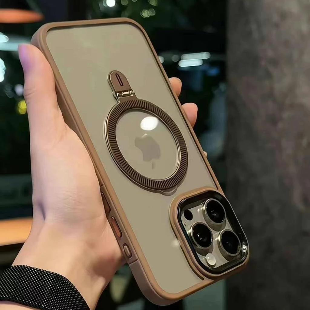 Titanium Gold metal holder magsafe charging phone case for iPhone 16 15 14 13 Pro Max Plus full shockproof magnetic hard cover