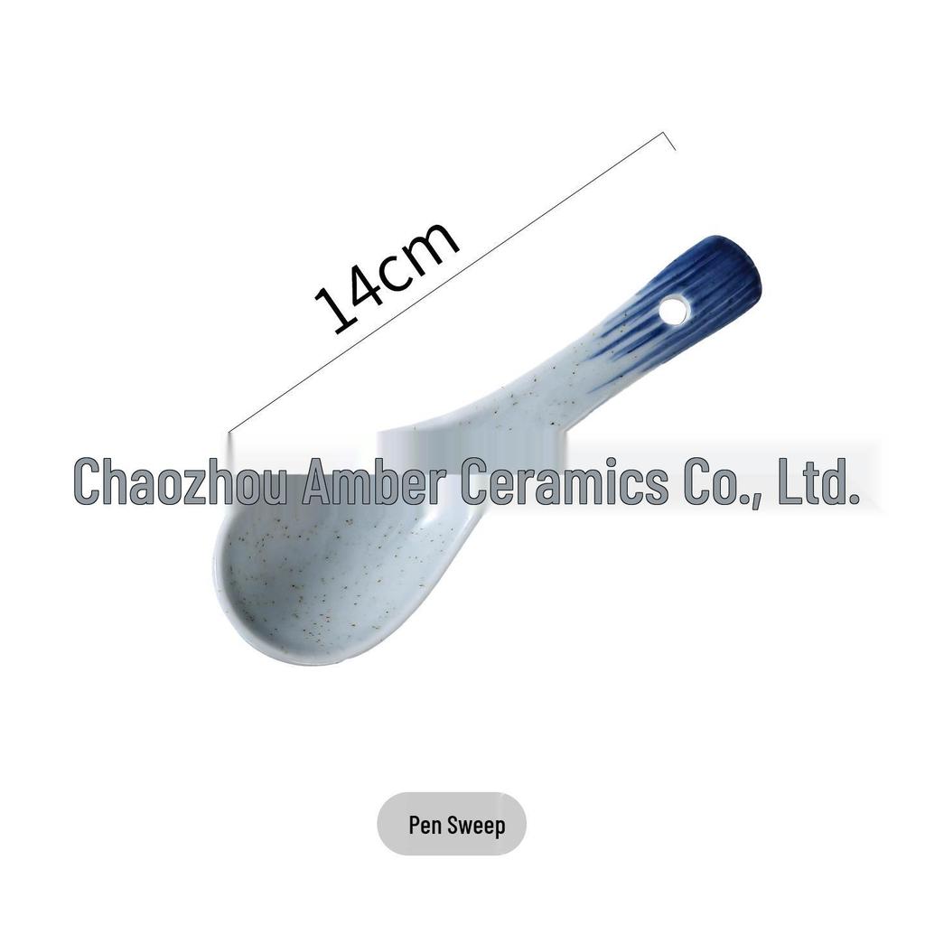 Hand-painted Japanese Ceramic Spoon – Creative Tableware for Home and Hotel, Long Handle, Underglaze Color, Ideal for Rice and Soup