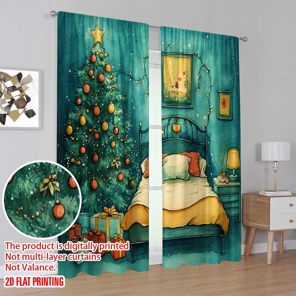 2pcs,2D plane printing Print Curtains Christmas Bedroom Cozy Holiday Scene (3) Versatile 100% Polyester (without rod) Festive