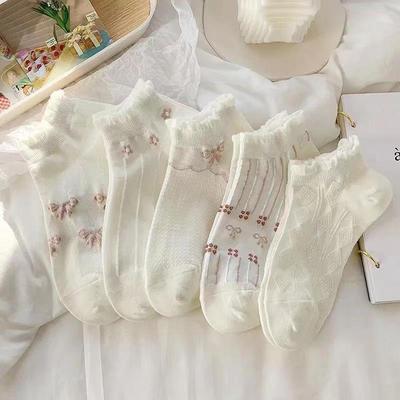 Female Spring and Summer Thin Model Sweet Lovely Lace White Boat Socks