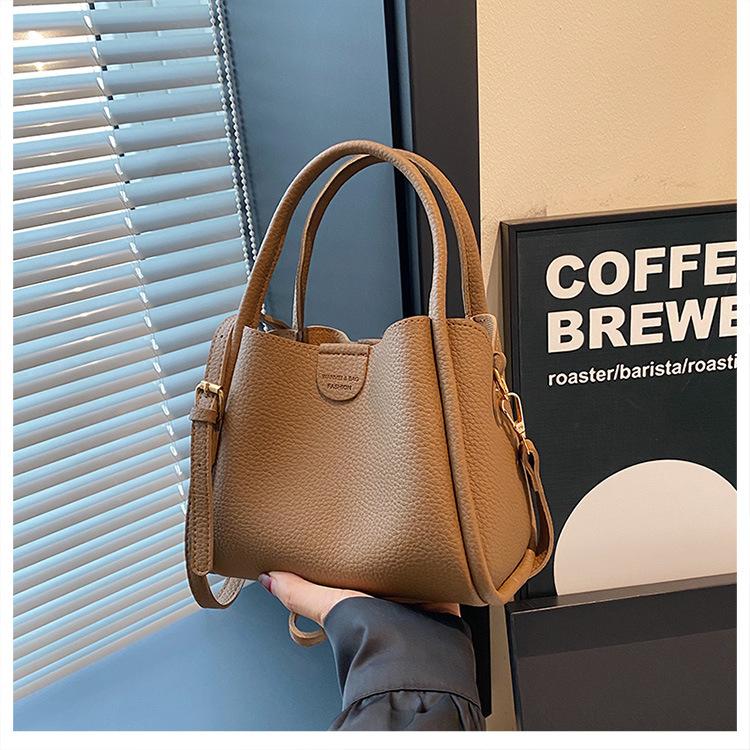 Fashion Soft Leather Handbag with Textured Surface Detachable Strap Gold Hardware Crossbody Bag Versatile Bucket Shoulder Purse