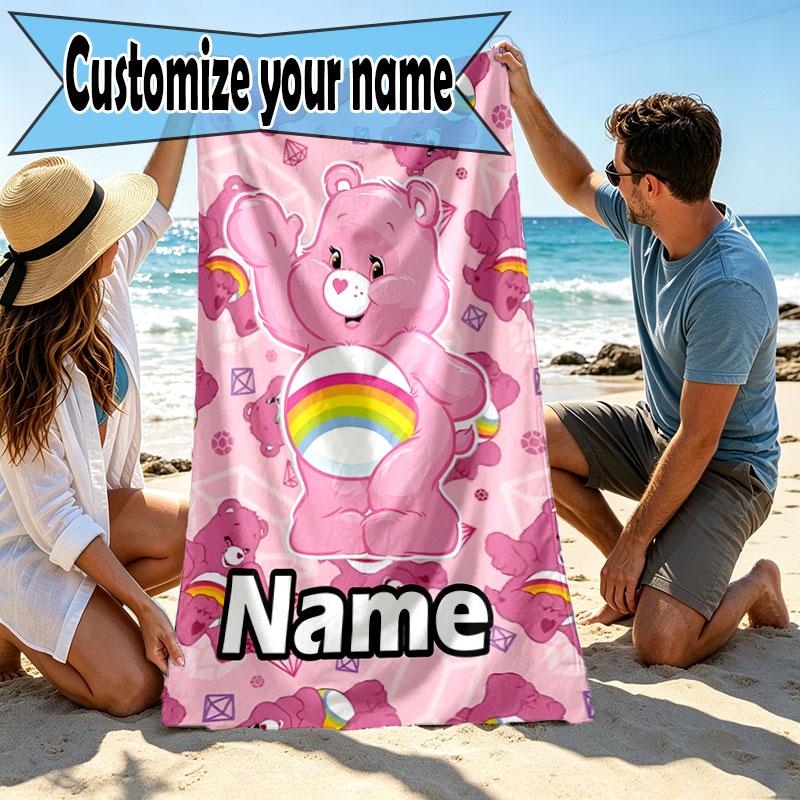 Custom Name Personalized Care Bears Print Beach Towel, for Trip Camping Beach Party Home Decor, Birthday Gift for Family & Friends