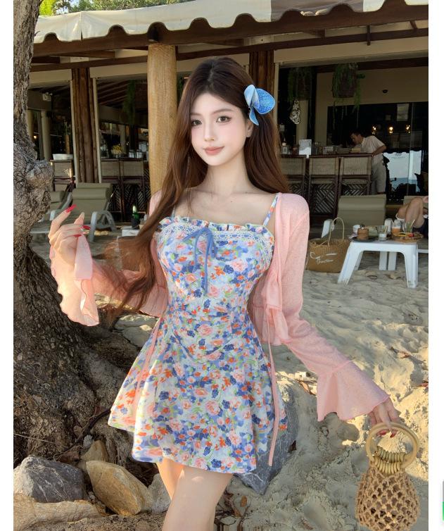 New retro small breasts gather and look thin to cover the belly, hot spring dress type flat angle + blouse swimsuit M
