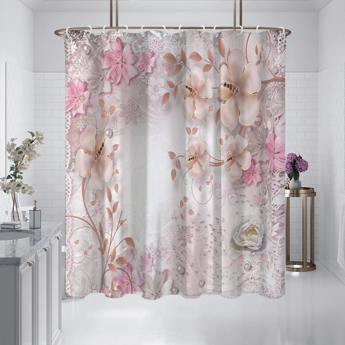 

1 шт. Розовая кружевная шторка для душа с цветочным принтом, водонепроницаемая, моющаяся, с 12 крючками, для душа в ванной, для домашнего использования 240x180cm