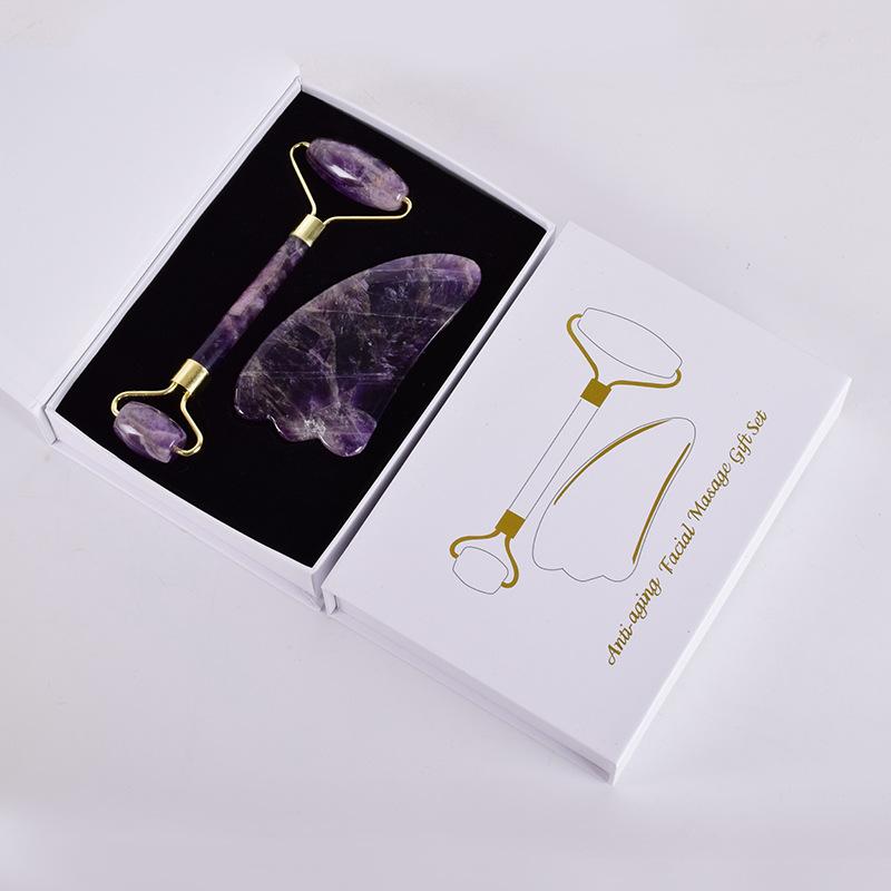 Natural Amethyst Jade Roller Gua Sha Set Gouache Scraper Board Face Lifting Anti-Wrinkle Beauty Skin Care Body Massage Tools