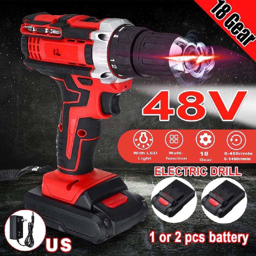 48v Electric Drill Cordless Screwdriver 2 Speed Driver Rechargeable 13000mah With 2 Li-ion Battery 3 In 1 110v 220V
