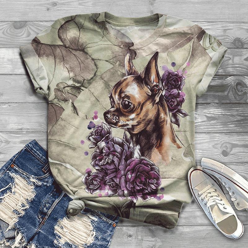 Summer New Printed Short Sleeve Top for Women, Round Neck 3D Dog Printed Women's T-shirt