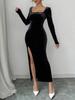 New autumn and winter women's clothing sexy temperament long-sleeved velvet dress high waist split square neck long dress