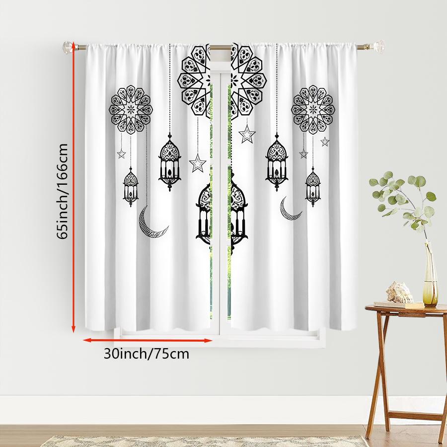 2pcs Black Islamic Pattern Lantern & Crescent Curtains, Perfect for Ramadan/Eid Window Decor, Rod Pocket Curtains