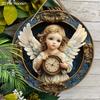 Wooden Sign Adorable Angel & Clock Pattern - Charming Round Artwork for Front Door Wall Home Hanging Decoration