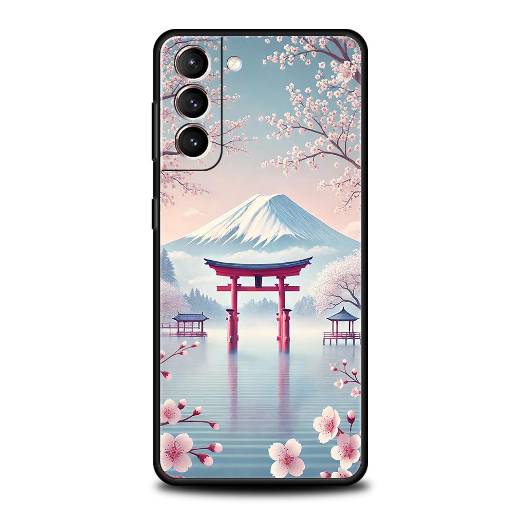 Phone Case for Samsung Galaxy S25 Edge S24 S23 S22 S20 S21 FE Ultra S10 Plus Soft TPU Japanese Style Temple And Cherry Blossoms
