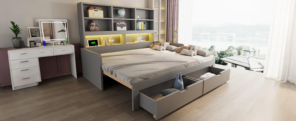 Wooden Sofa Bed 90/180 x 200 cm, Pull-Out Bed, LED Lighting, Youth Bed Frame With Sockets, Open Storage Compartments and Drawers, Grey