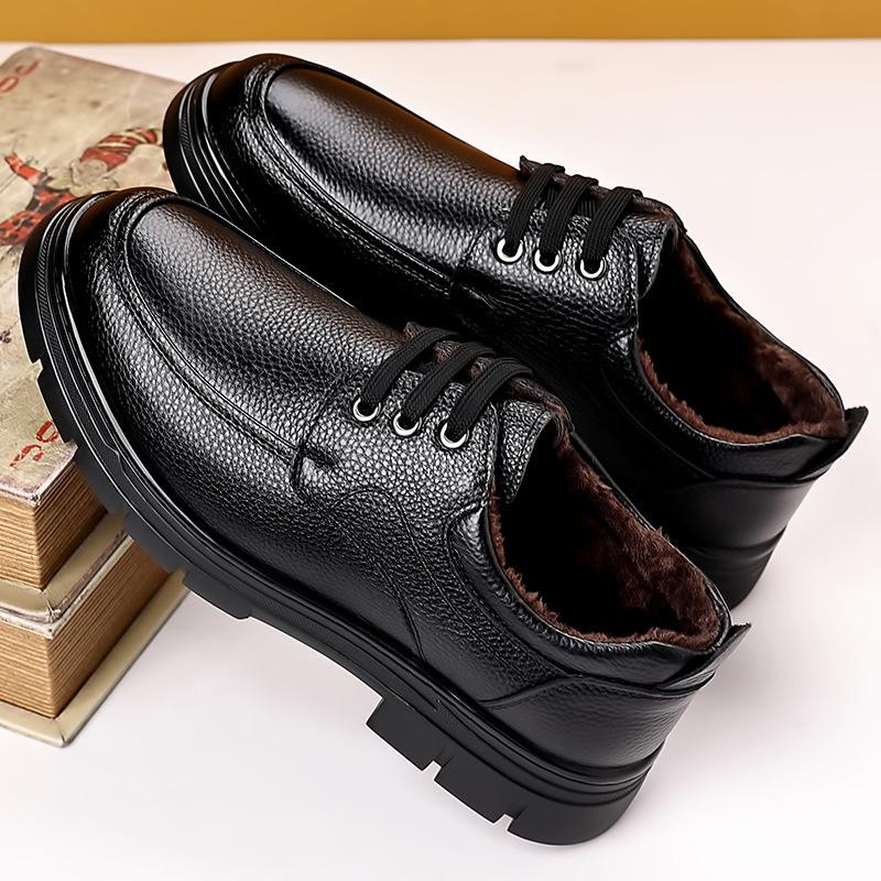 Middle-aged men's casual leather shoes autumn and winter leather breathable lace-up velvet warm men's leather shoes
