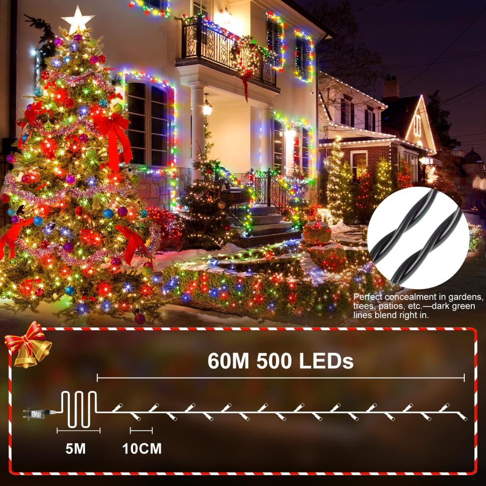 Longgoearn 60M 500 LED Outdoor Fairy Lights, Christmas Tree Lights Plug in 8 Modes Remote Control Mains Powered Waterproof String Lights for Garden,
