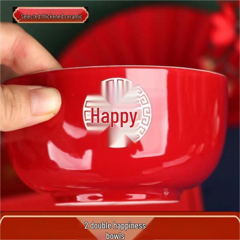 Complete Wedding Tea Cups & Bowl Set: Includes Red Lid Bowls, Chopsticks, and Cups for Happy Events