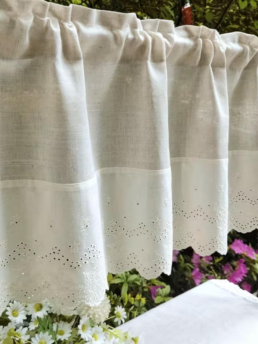1 stuk Linnen Korte Vitrage Gordijn, Boerderij Leeg Borduurwerk Kant Raambekleding voor Keuken Cafe Klein Raam Decoratie 1pcW200xL45cm&Rod pocket &1 panel veelkleurig