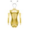 Womens Alien Cosplay Costume Shiny Metallic Sleeveless Mock Neck Cutout Zipper Bodysuit with Arm Sleeves And Hair Hoop Headband