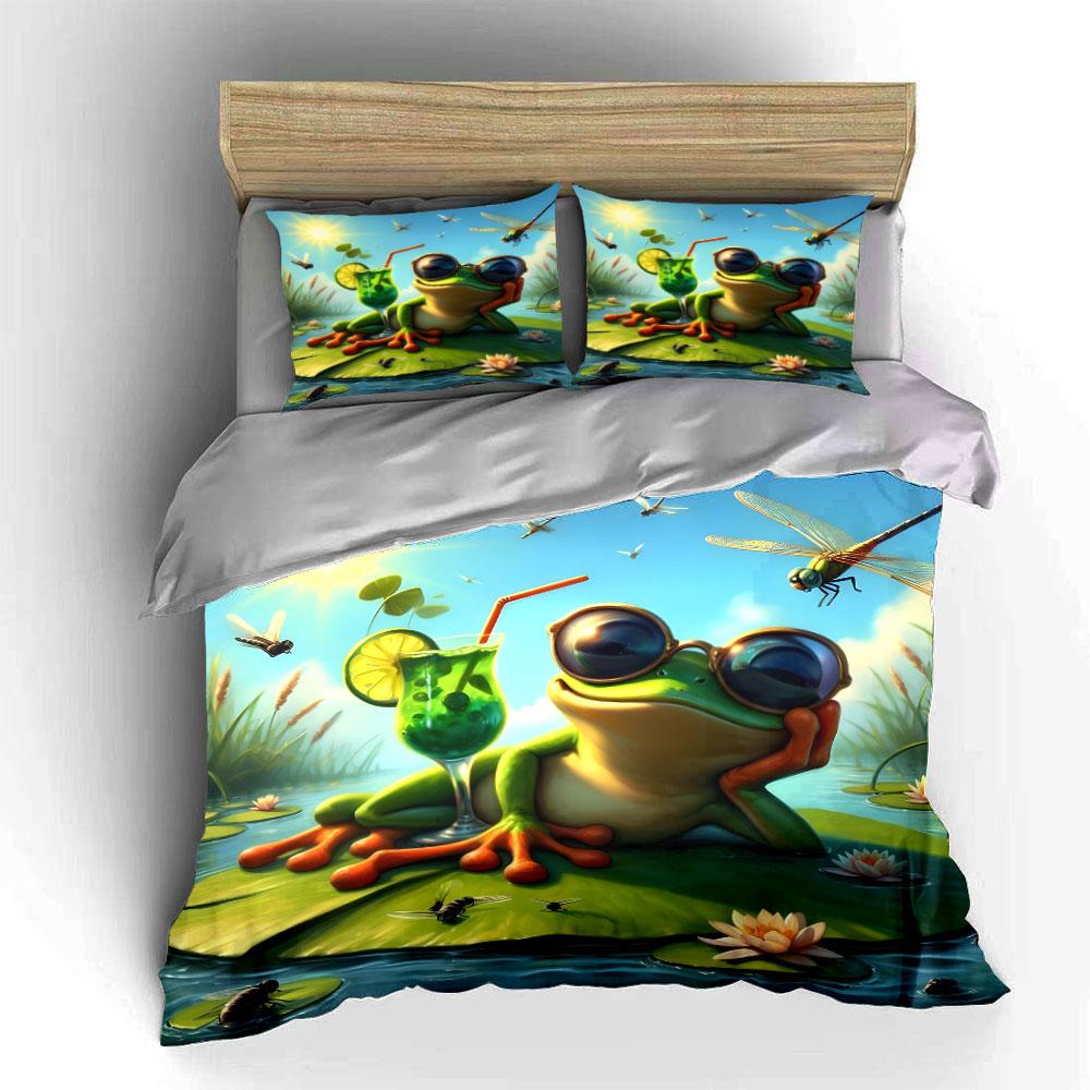Relaxing Frog With Drink Print Bedding Set 1 Duvet Cover 2 Pillowcases For Adult And Children Luxury Gift Full Size