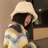 White Korean Style Bucket Hat For Women Warm And Lambswool Cozy