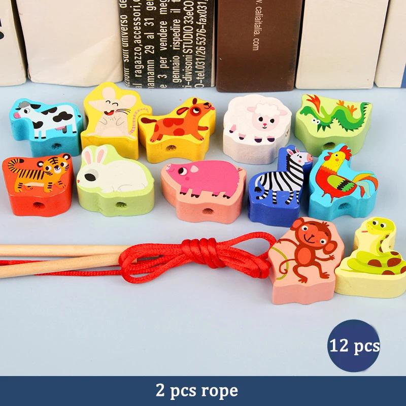 Wooden Toy 4-in-1 Fishing Game Stacking Blocks Lacing Beads Pattern Shape Matching Toys for Toddlers Kids