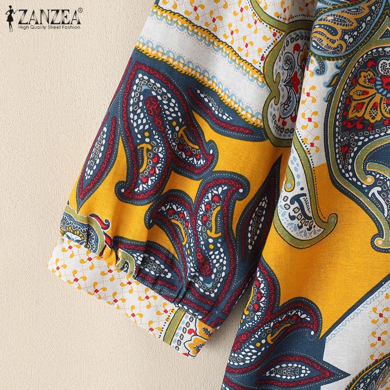 ZANZEA Damen Freizeit Rundhals 3/4 Ärmel Retro Print Bluse