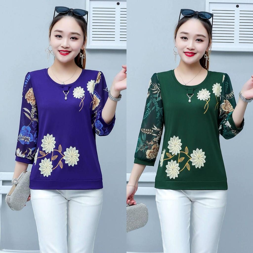 Letní nový krátký top s tříčtvrtečním rukávem Dámské tričko Volný kulatý výstřih Potisk Oblečení pro maminky M-5XL