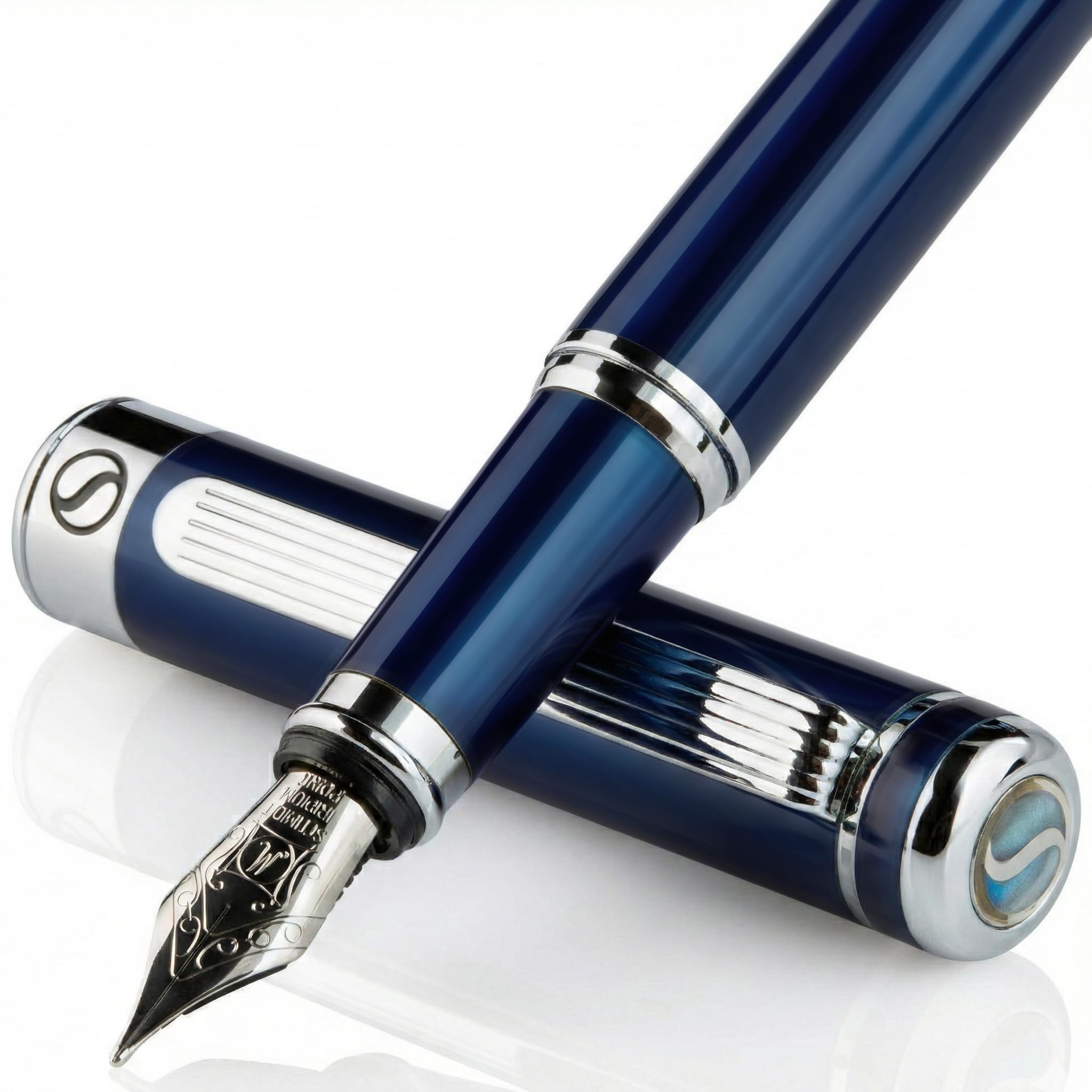 Scriveiner Midnight Blue Fountain Pen, a premium fountain pen (blue) with stunning chrome hardware.