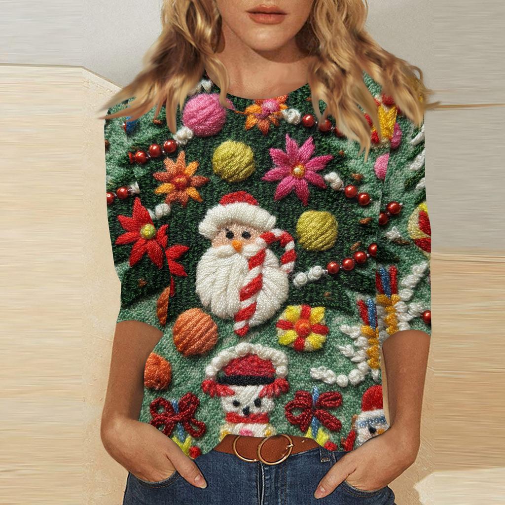 Women's Fashionable Casual Three Quarter Sleeve Christmas Printed Round Neck Top