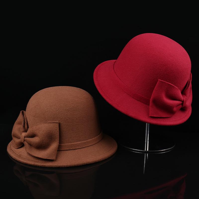Damen Herbst- und Winterwolle Wollschleife Schüsselhut modisch und einfach Krempenhut Promi elegant Filz-Zylinderhut