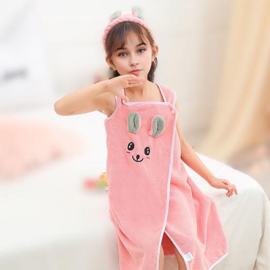 Kids Bath Skirt Rabbit Ear Absorbent Bath Towel Coral Velvet Dress Style Bath Wrap with Shoulder Straps for Beach Swimming Pool