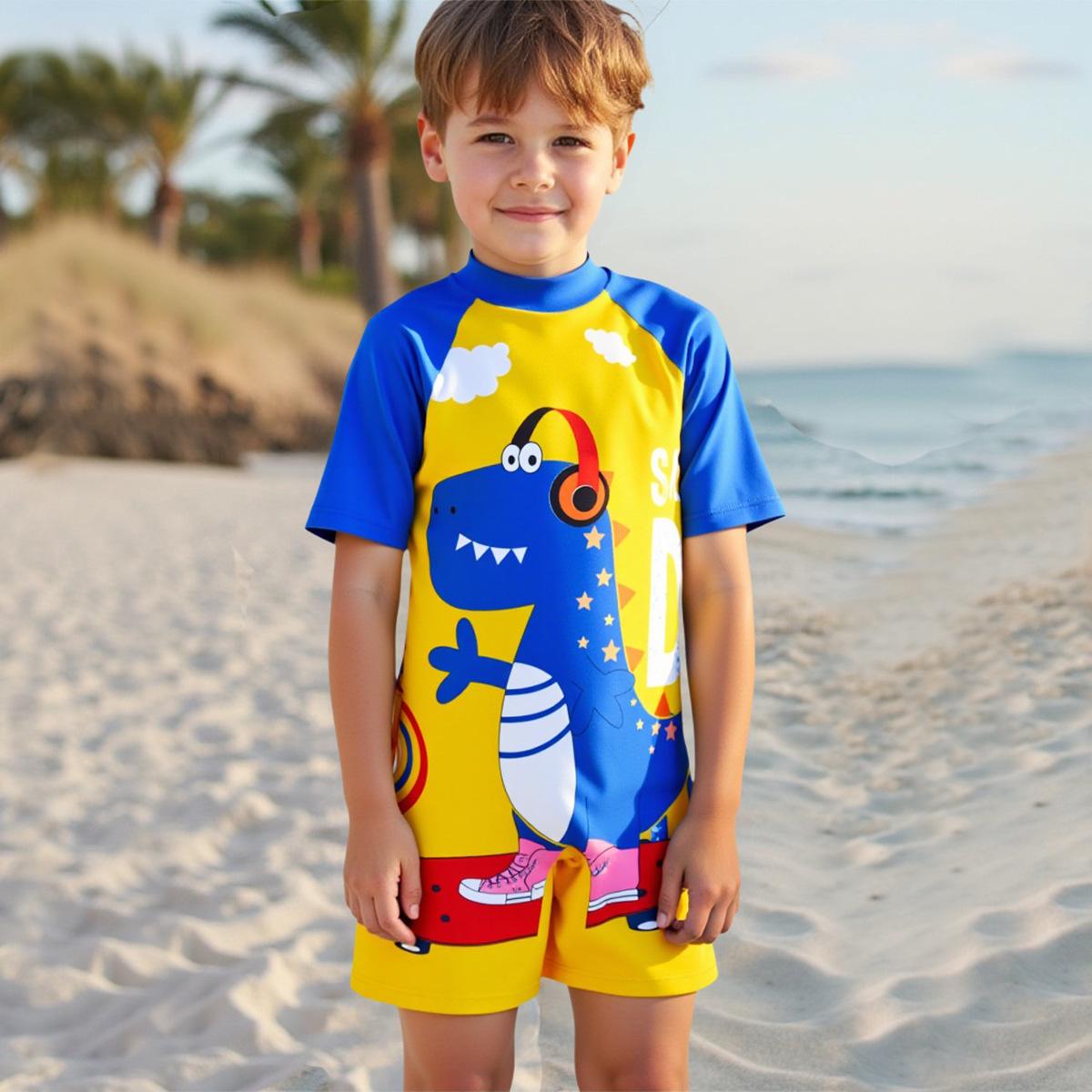 

2025 New Dinosaur Cartoon Graffiti Boys Short Sleeve Swimsuit 4 Years жёлтый