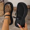 Stylish Black Mesh Fishnet Women's Casual Platform Sandals | Thick Cushioned Sole, Comfortable Slip-On Round-Toe Shoes for All-Season Wear