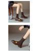 Women's Knitted Stretch Slimming Chunky Heel Ankle Boots, 2025 Autumn/Winter Retro Brown Mid-Heel Martin Loafers.
