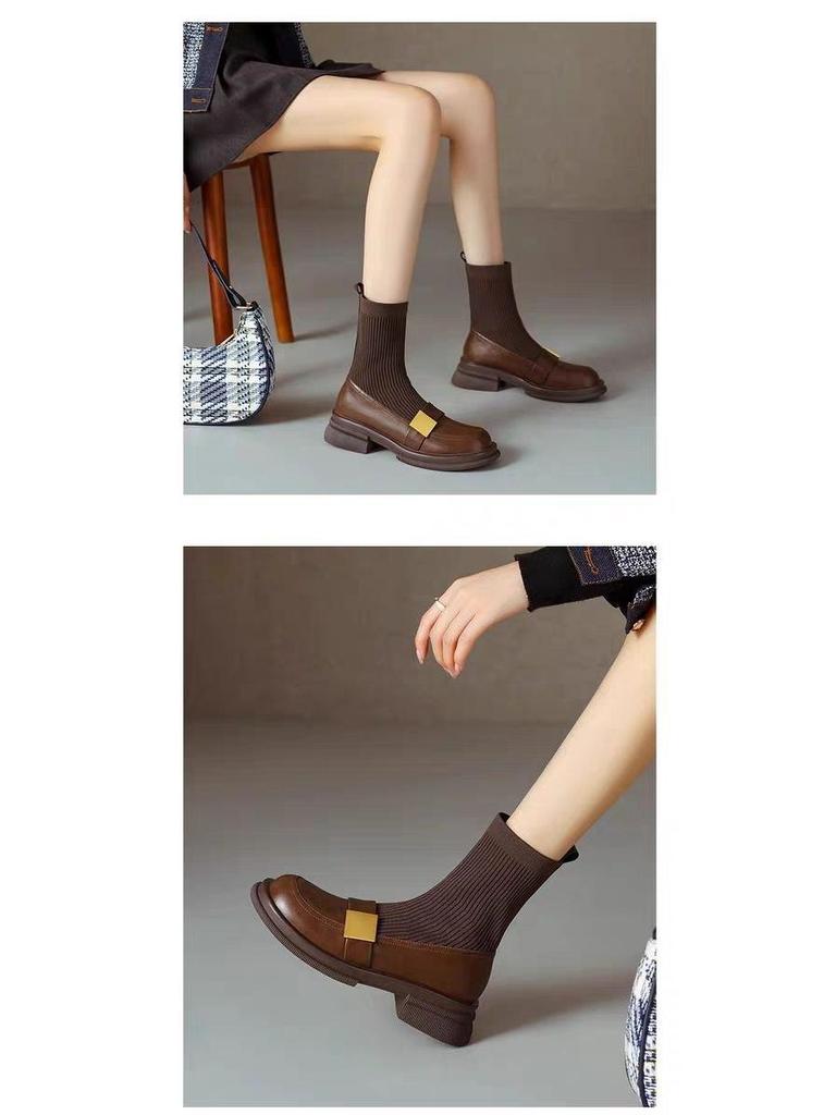 Women's Knitted Stretch Slimming Chunky Heel Ankle Boots, 2025 Autumn/Winter Retro Brown Mid-Heel Martin Loafers.
