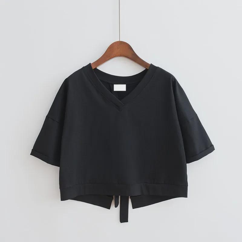 2024 Summer V-Neck Backless Split Solid Color Strap Tops for Female Students - Loose, Short-Sleeve T-Shirts