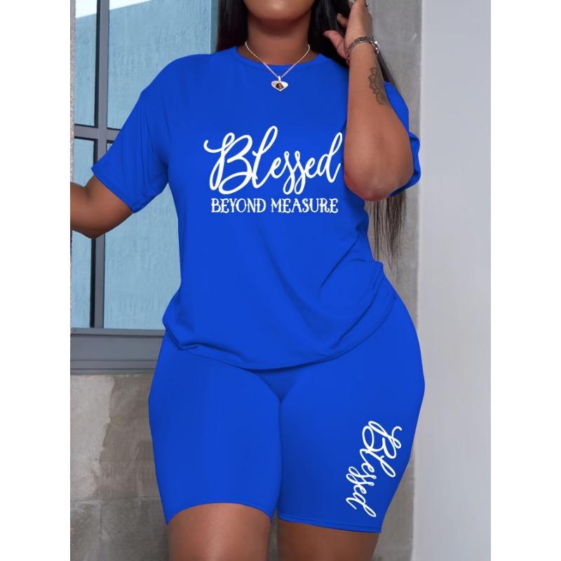 Plus size women's two-piece casual short-sleeved shorts set, BLESSED BEYOND MEASURE letter print