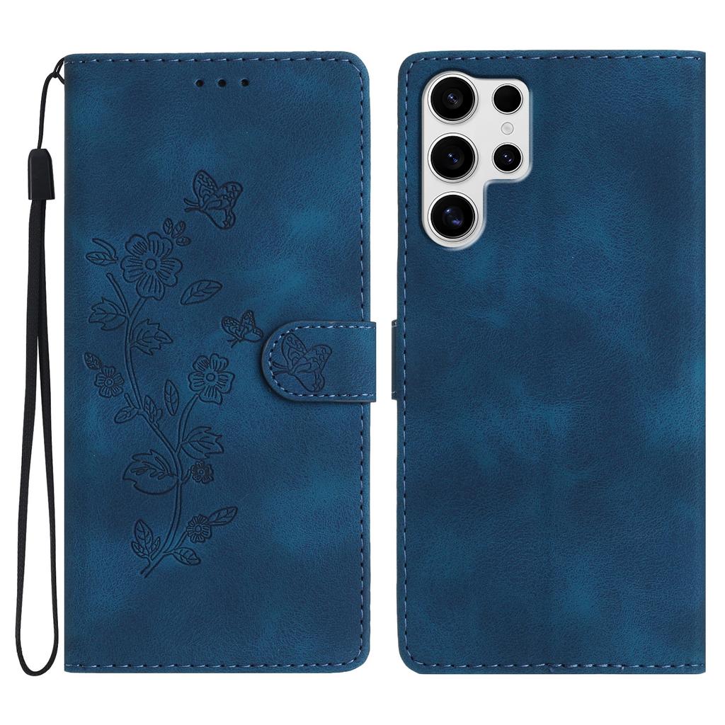 For Samsung Galaxy S25 Ultra Case Leather Imprinted Flower Phone Cover Wallet with Wrist Strap