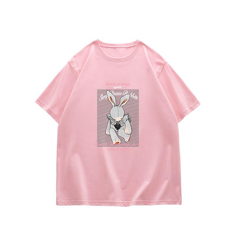 American retro rabbit necklace pure cotton short-sleeved t-shirt women's 2025 summer new loose street trendy top
