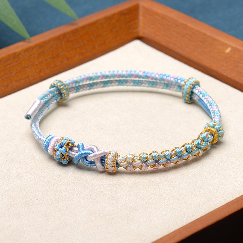 Peach Blossom Gradient Hand Rope with Gold Beads, Adjustable 8-Strand Candy Color