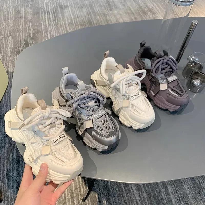 Women's Chunky Sneakers Breathable Mesh Platform Sports Shoes Woman Fashion Lace Up Thick Sole Casual Shoes Mujer 2024