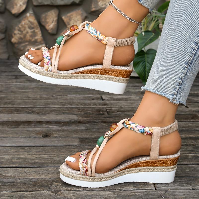 Fashion Roman Sandals Women Fashion Round Head Open Toe Matching Color Beaded Soft Sole Anti-slip Wear-resistant Large Size Wedge Shoes