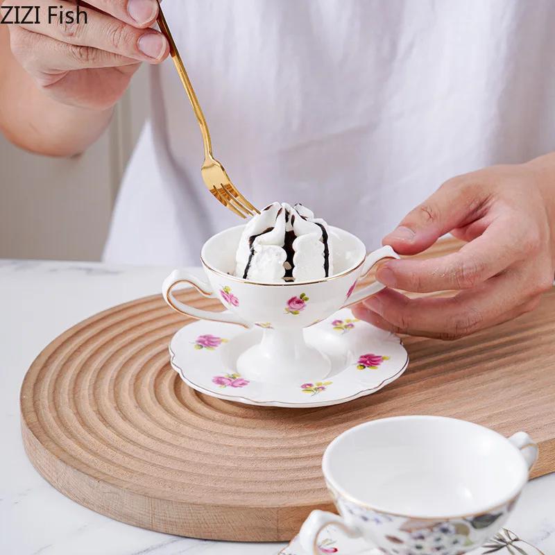 Vergoldetes Blumenmuster Porzellankelchbecher Eisbecher Esstisch Milchkaffeebecher Nachmittagstee Teetasse Obstsaftbecher