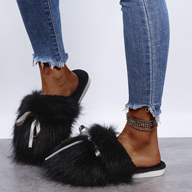 Sweet Bowknot Mix Color Faux Fur Slides Women 2025 Autumn Warm Short Plush Outdoor Slippers Soft Sole Cotton Mules Slippers