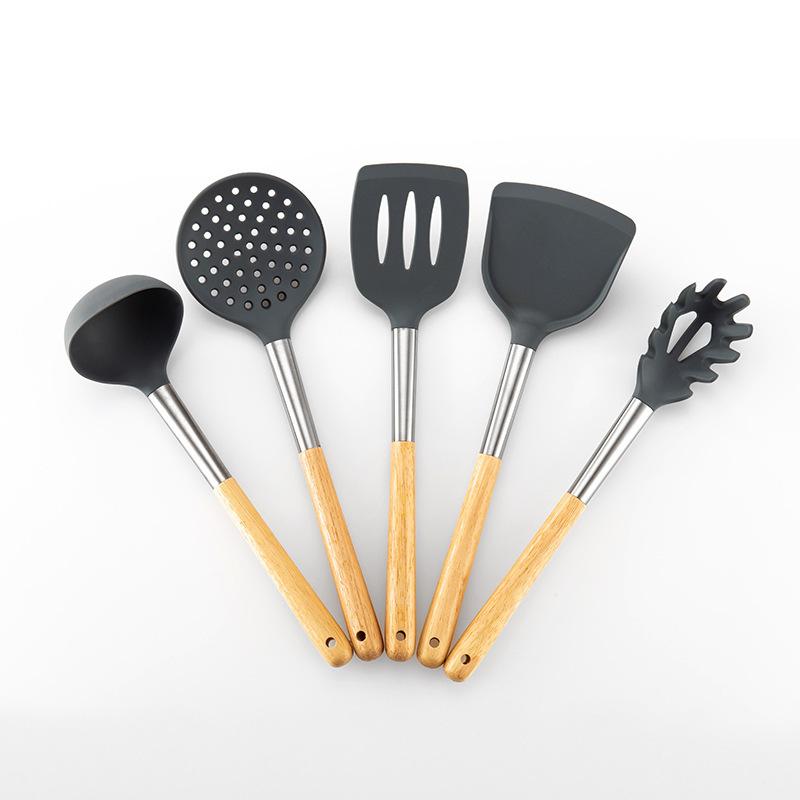 6 PCS Silicone Cooking Kitchen Utensil Set Wooden Handle Kitchen Baking Tools Kitchenware Accessories Storage Bucket