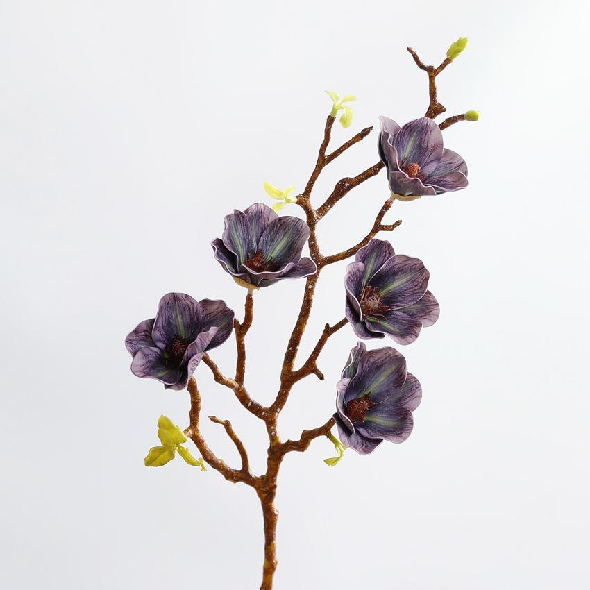 

Real Touch 5-Heads Magnolias Branch Artificial Flowers Hotel Decoration Simulation Fragrant Snow Magnolia Purple Fake Flower 2pcs фиолетовый