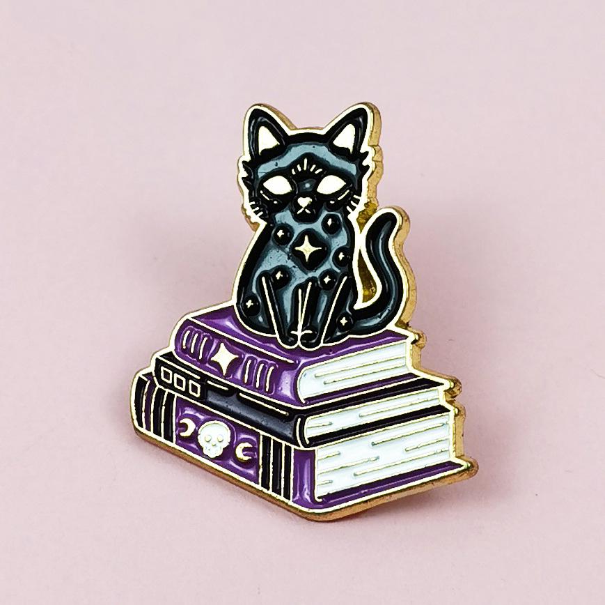 Halloween Black Cat & Purple Book Brooch for Kids - Festival Metal Badge Accessory