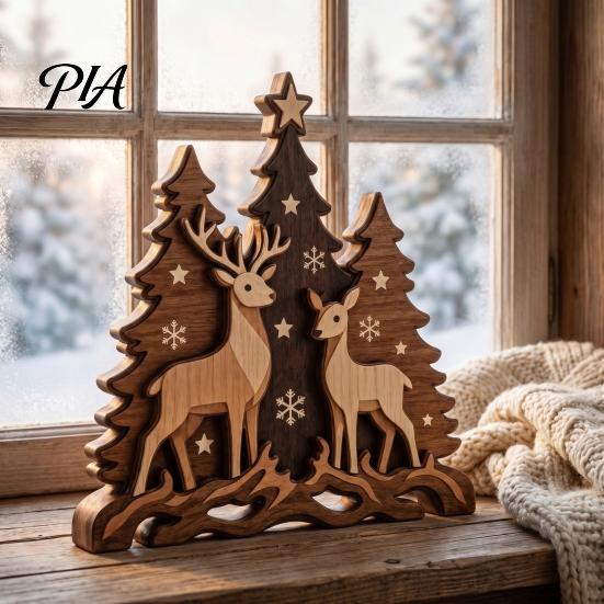Christmas Gift for Friends Family Forest Deer & Tree Silhouette Figurine, Rustic Layered Cutout Tabletop Ornament, Winter Seasonal Tiered Tray