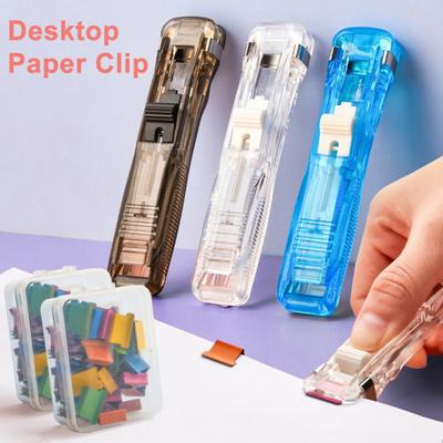 Paper Clip Stapler Portable Clip Dispenser No Hole Punching Paper Pusher with 50 Refillable Transparent Metal Clips Office School Supplies