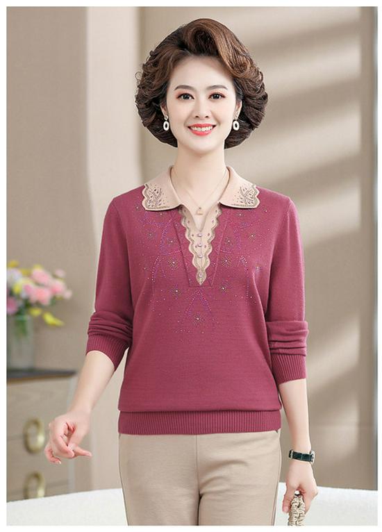 Mom's Plus Size Knit Lapel Sweater - Long-Sleeved Autumn/Winter Base Layer for Middle-Aged Women